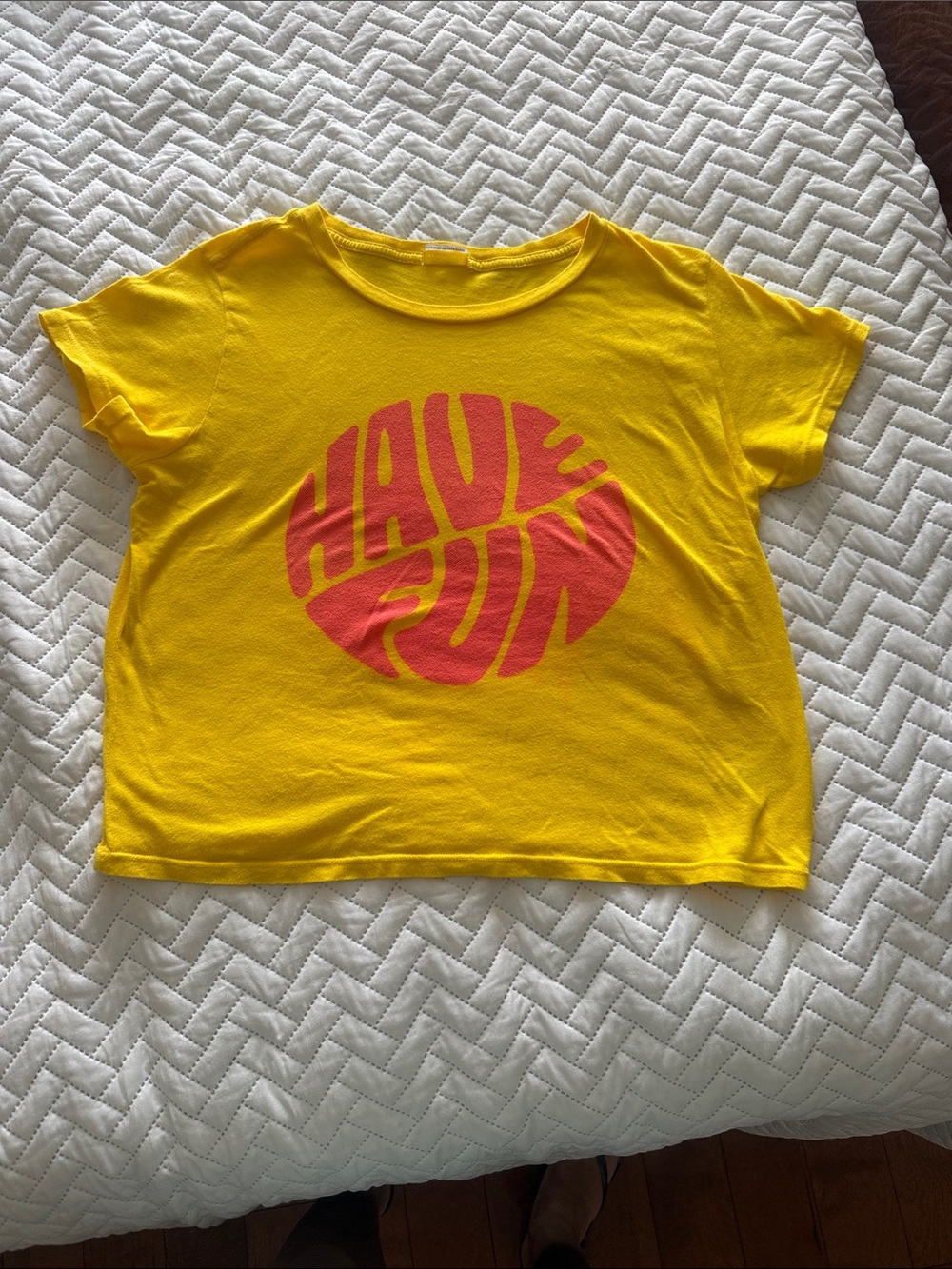 MOTHER Yellow Short-Sleeve Tee with Pink 'Have Fun' Graphic